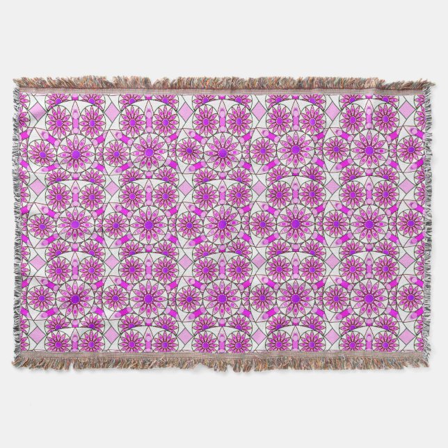 Mandala pattern, lavender, pink, hot pink, white throw blanket (Front)