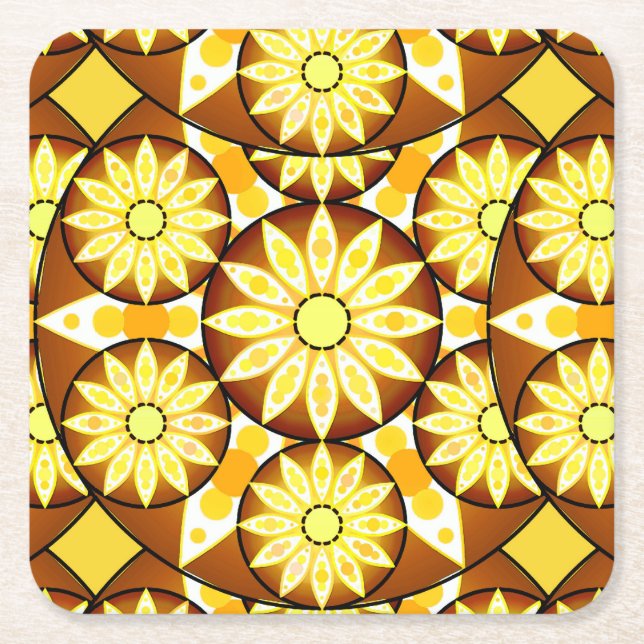 Mandala pattern, shades of brown and gold square paper coaster (Front)