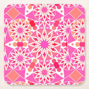 Mandala pattern, shades of pink and coral square paper coaster