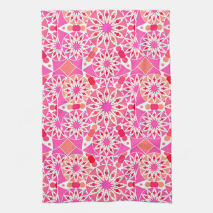 Mandala pattern, shades of pink and coral tea towel