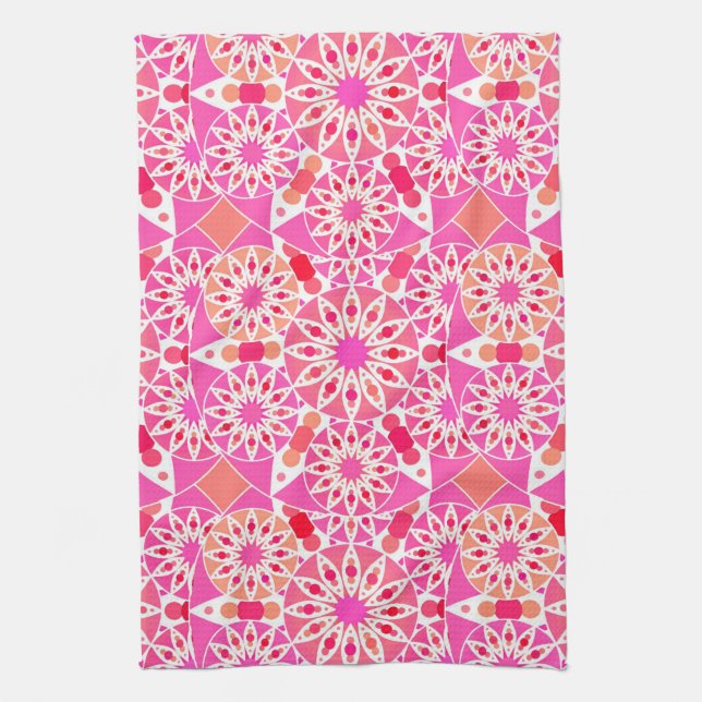 Mandala pattern, shades of pink and coral tea towel (Vertical)