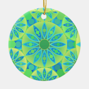 Mandala pattern, turquoise, blue, lime green ceramic tree decoration