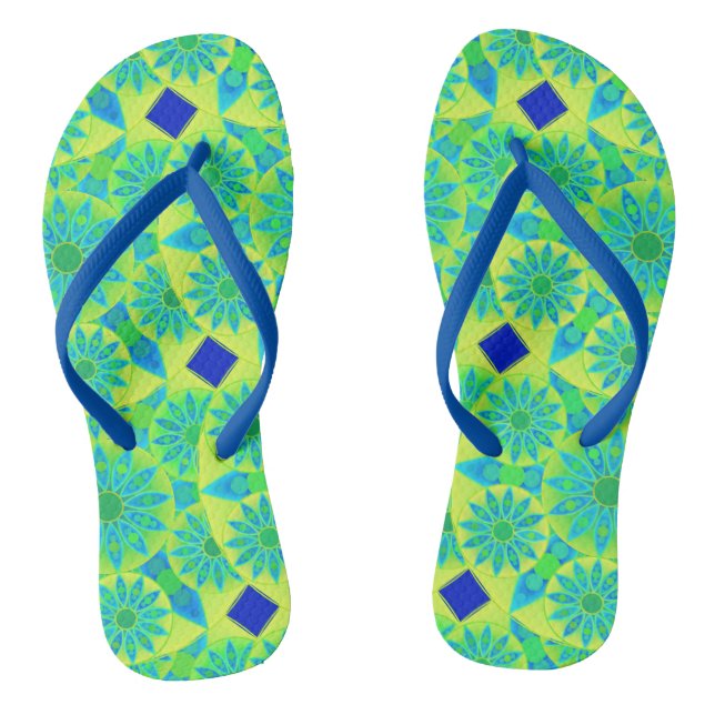 Mandala pattern, turquoise, blue, lime green flip flops (Footbed)