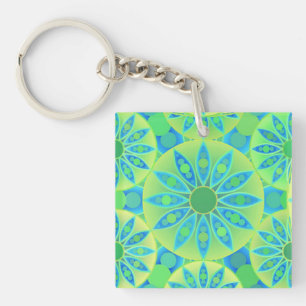 Mandala pattern, turquoise, blue, lime green key ring