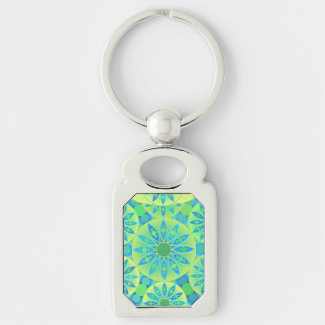 Mandala pattern, turquoise, blue, lime green key ring (Front)