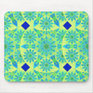 Mandala pattern, turquoise, blue, lime green mouse mat