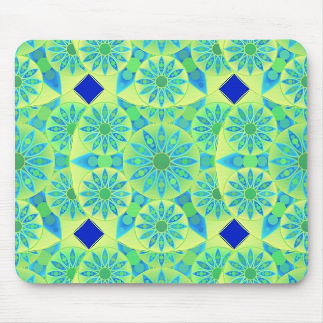 Mandala pattern, turquoise, blue, lime green mouse mat (Front)