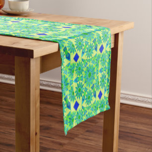 Mandala Pattern, Turquoise, Blue, Lime Green Short Table Runner