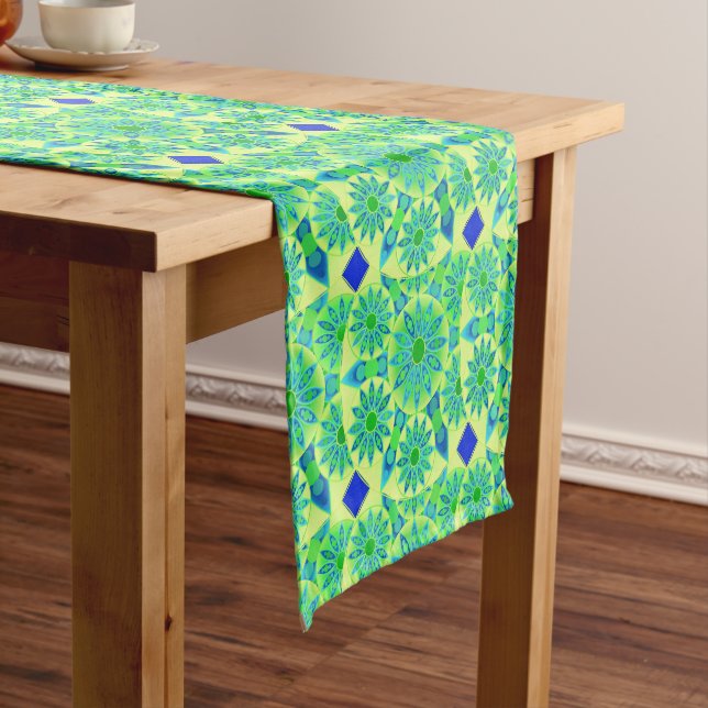 Mandala Pattern, Turquoise, Blue, Lime Green Short Table Runner (In Situ)