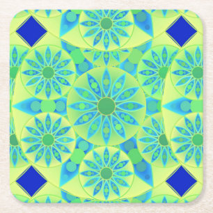 Mandala pattern, turquoise, blue, lime green square paper coaster