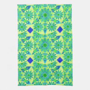 Mandala Pattern, Turquoise, Blue, Lime Green Tea Towel