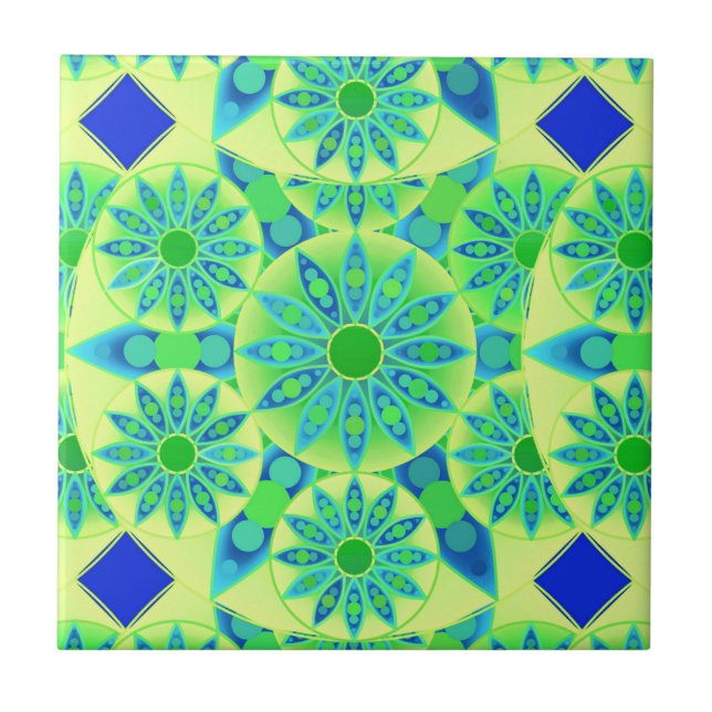 Mandala pattern, turquoise, blue, lime green tile (Front)
