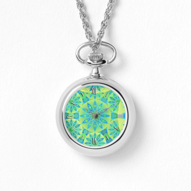 Mandala pattern, turquoise, blue, lime green watch (Front)