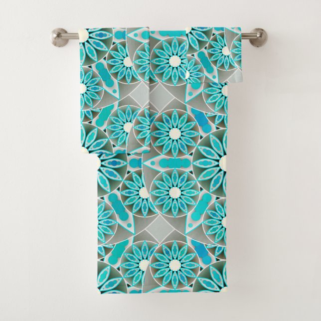 Mandala Pattern, Turquoise, Silver Grey and White Bath Towel Set (Insitu)