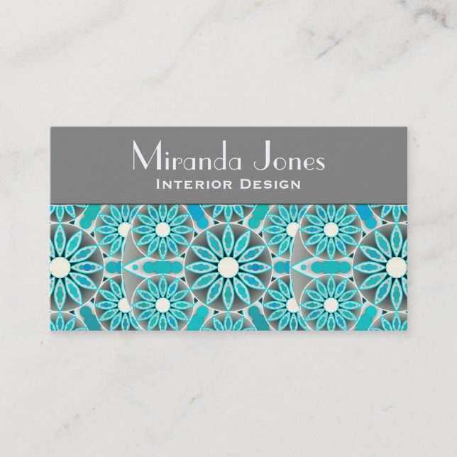 Mandala pattern, turquoise, silver grey and white business card (Front)