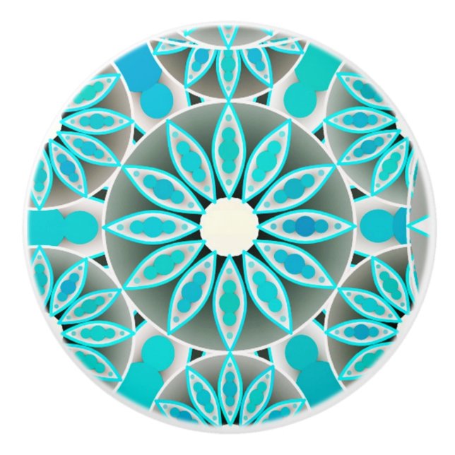 Mandala pattern, turquoise, silver grey and white ceramic knob (Front)