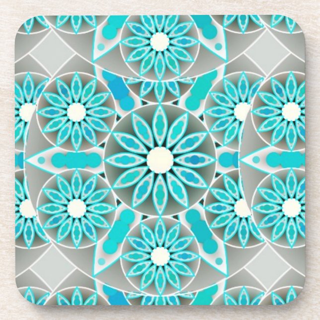 Mandala pattern, turquoise, silver grey and white coaster (Front)