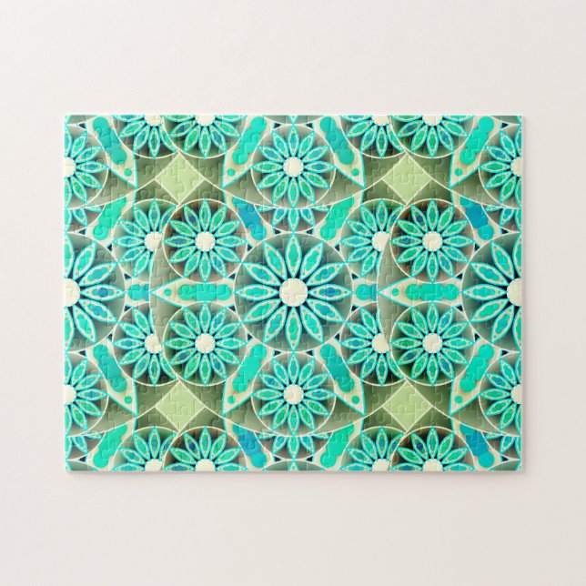 Mandala Pattern, Turquoise, Silver Grey and White Jigsaw Puzzle (Horizontal)