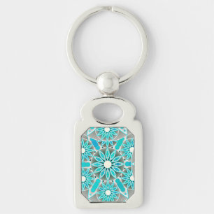Mandala pattern, turquoise, silver grey and white key ring