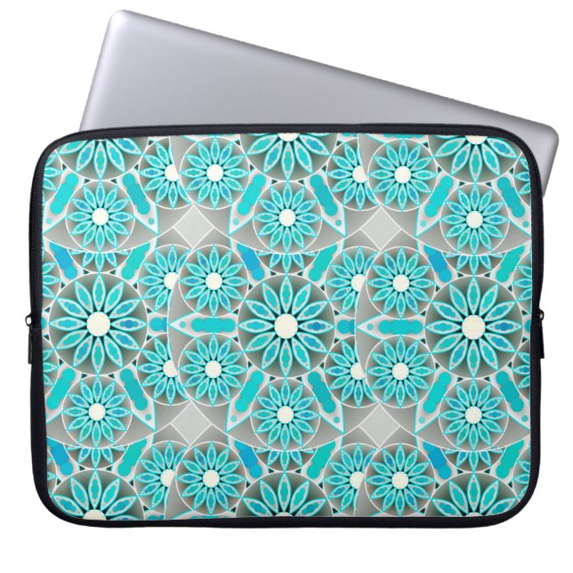 Mandala pattern, turquoise, silver grey and white laptop sleeve (Front)
