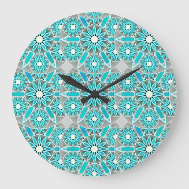 Mandala pattern, turquoise, silver grey and white large clock (Front)