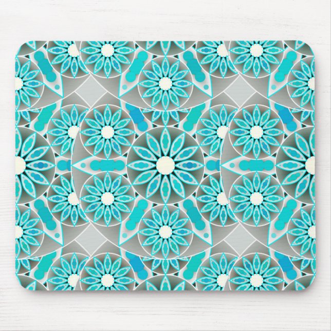 Mandala pattern, turquoise, silver grey and white mouse mat (Front)