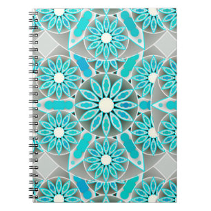 Mandala pattern, turquoise, silver grey and white notebook