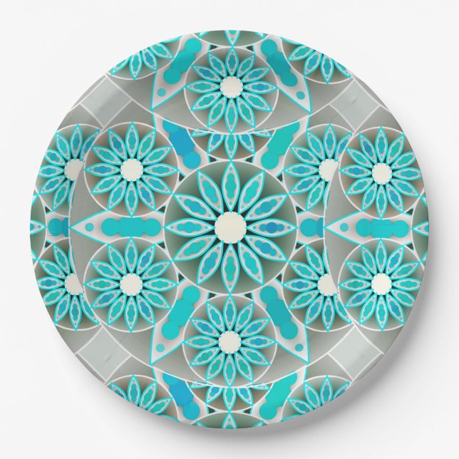 Mandala pattern, turquoise, silver grey and white paper plate (Front)