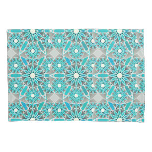Mandala pattern, turquoise, silver grey and white pillowcase