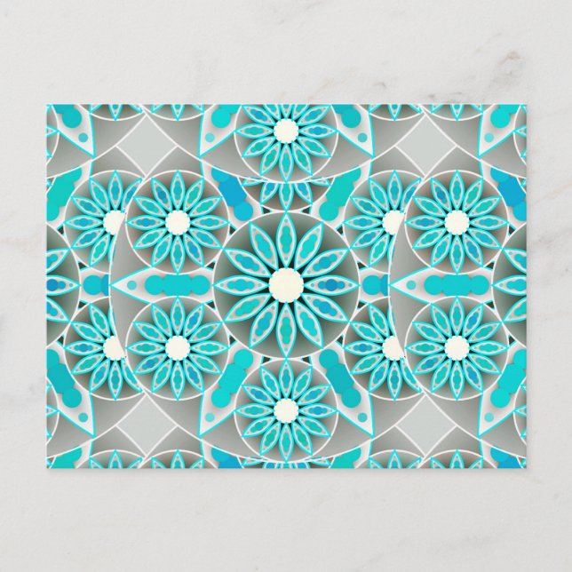 Mandala pattern, turquoise, silver grey and white postcard (Front)