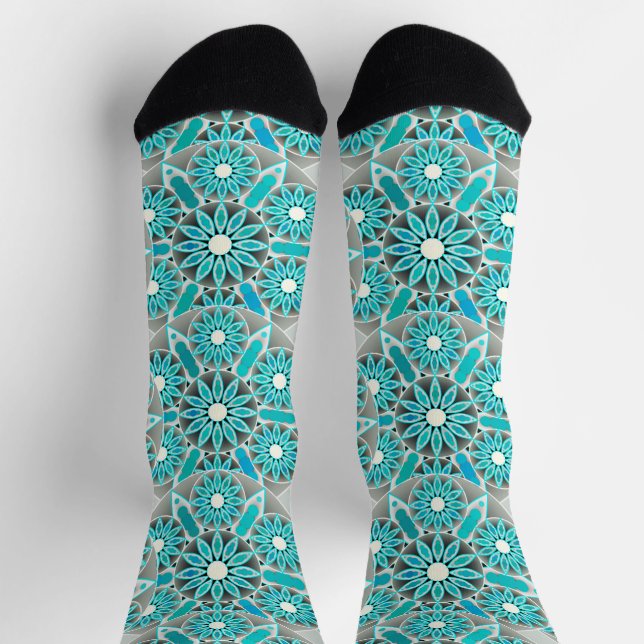 Mandala pattern, turquoise, silver grey and white socks (Top)