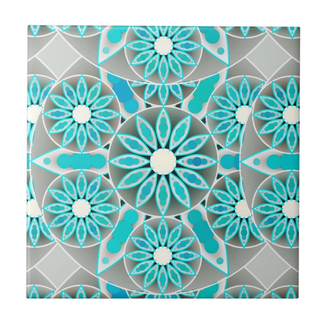 Mandala pattern, turquoise, silver grey and white tile (Front)