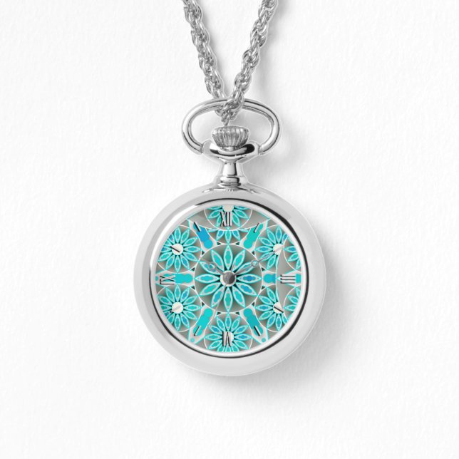 Mandala pattern, turquoise, silver grey and white watch (Front)