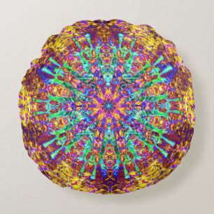 Mandala Psychedelic Trippy Hippie Colour Splash Round Cushion