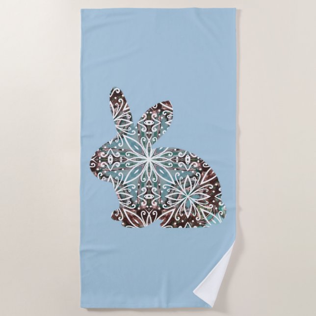 Mandala Rabbit Chocolate and Blues Beach Towel (Front)