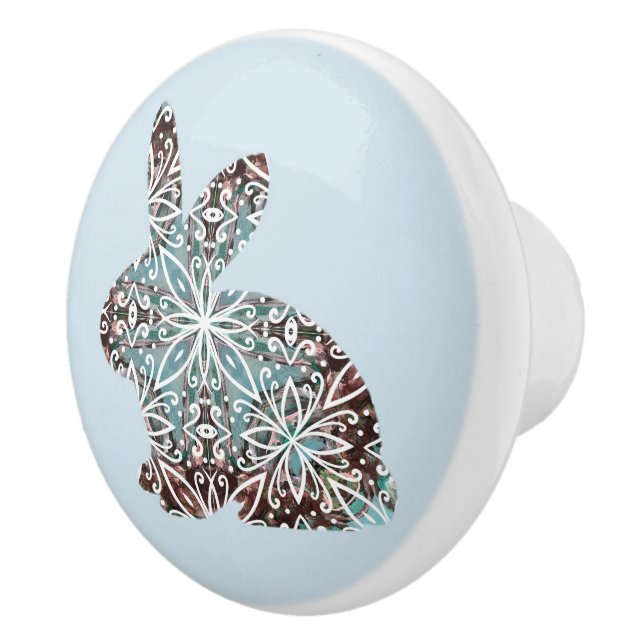 Mandala Rabbit Chocolate and Blues Ceramic Knob (Right)