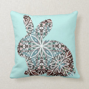 Mandala Rabbit Chocolate and Blues Throw Pillow