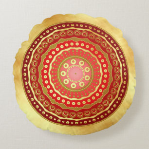 Mandala Red Gold Dots on Soft Gold Background Round Cushion