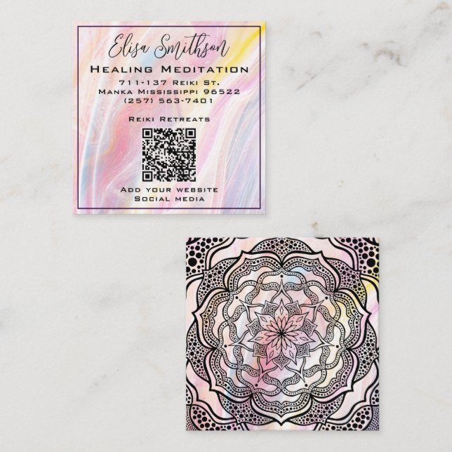 Mandala Reiki Healing Meditation Blush Pink Pastel Square Business Card (Front/Back)