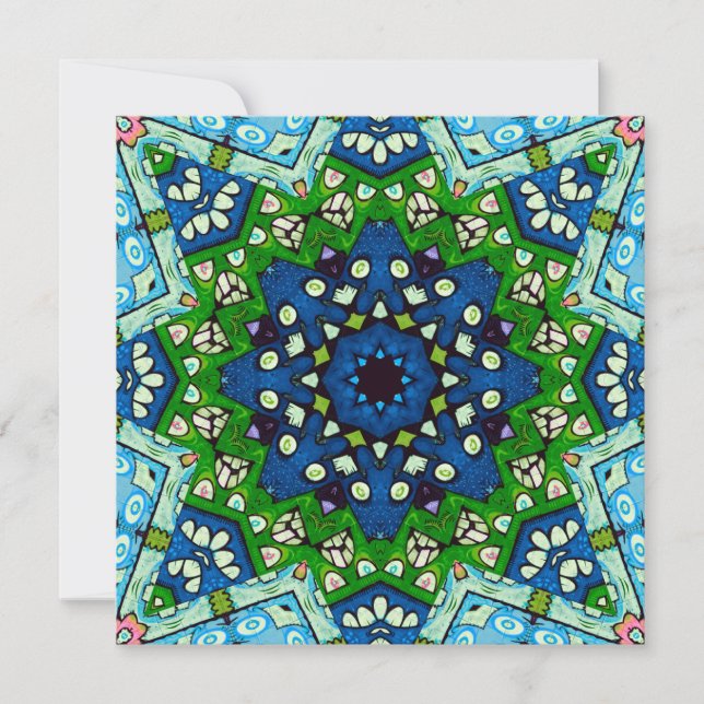 Mandala Retro Mosaic Green Blue Pattern Card (Front)
