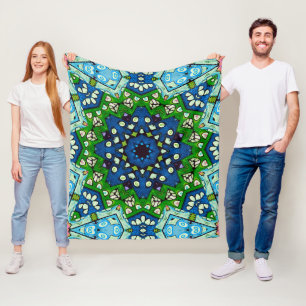Mandala Retro Mosaic Green Blue Pattern Fleece Blanket