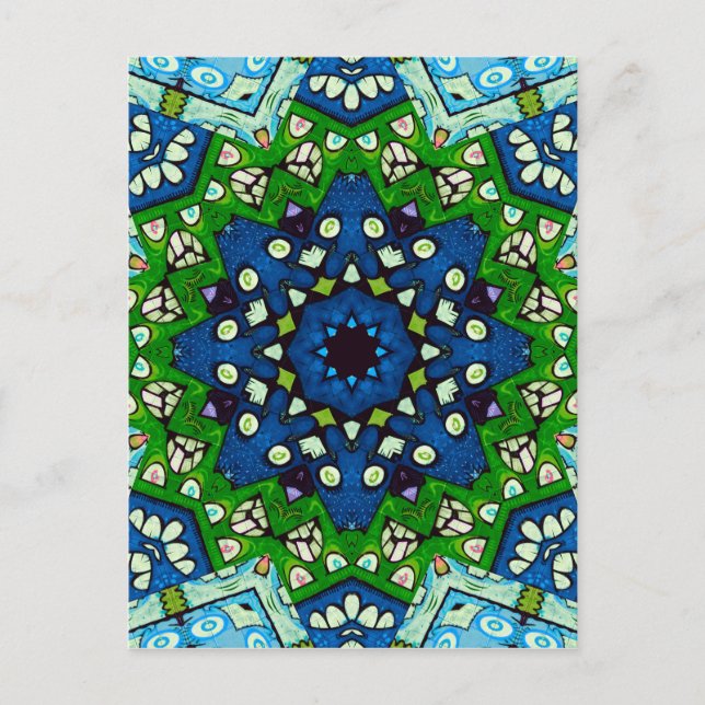 Mandala Retro Mosaic Green Blue Pattern Postcard (Front)