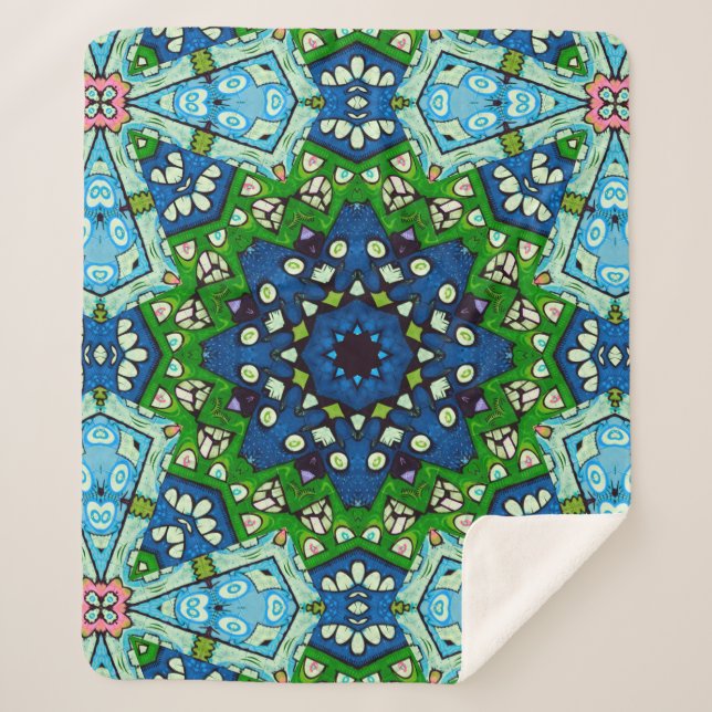 Mandala Retro Mosaic Green Blue Pattern Sherpa Blanket (Front)