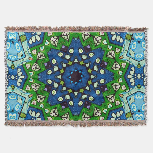 Mandala Retro Mosaic Green Blue Pattern Throw Blanket (Front)
