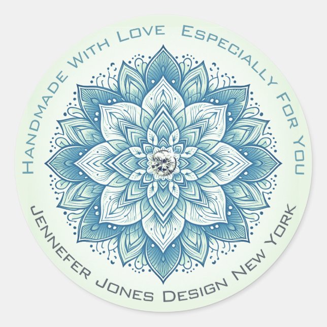 Mandala Rhinestone Pastel Mint Green Teal Handmade Classic Round Sticker (Front)