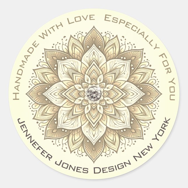 Mandala Rhinestone Pastel Yellow Ivory Handmade Classic Round Sticker (Front)