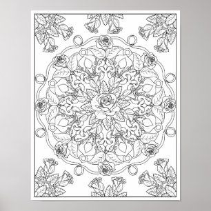 Mandala Roses for Adult Colouring Poster