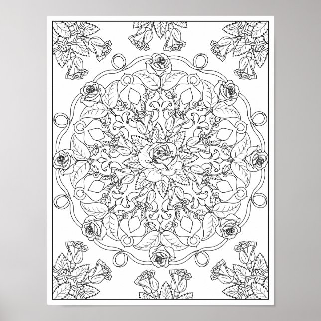 Mandala Roses for Adult Colouring Poster (Front)