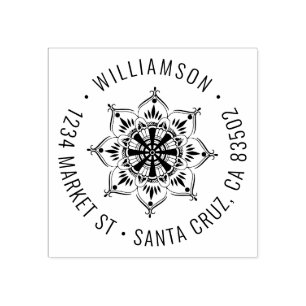 Mandala   Round Family Name Return Address Rubber Stamp