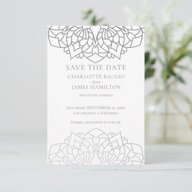 Mandala Silver Grey Pattern Personalised Wedding Save The Date (Standing Front)